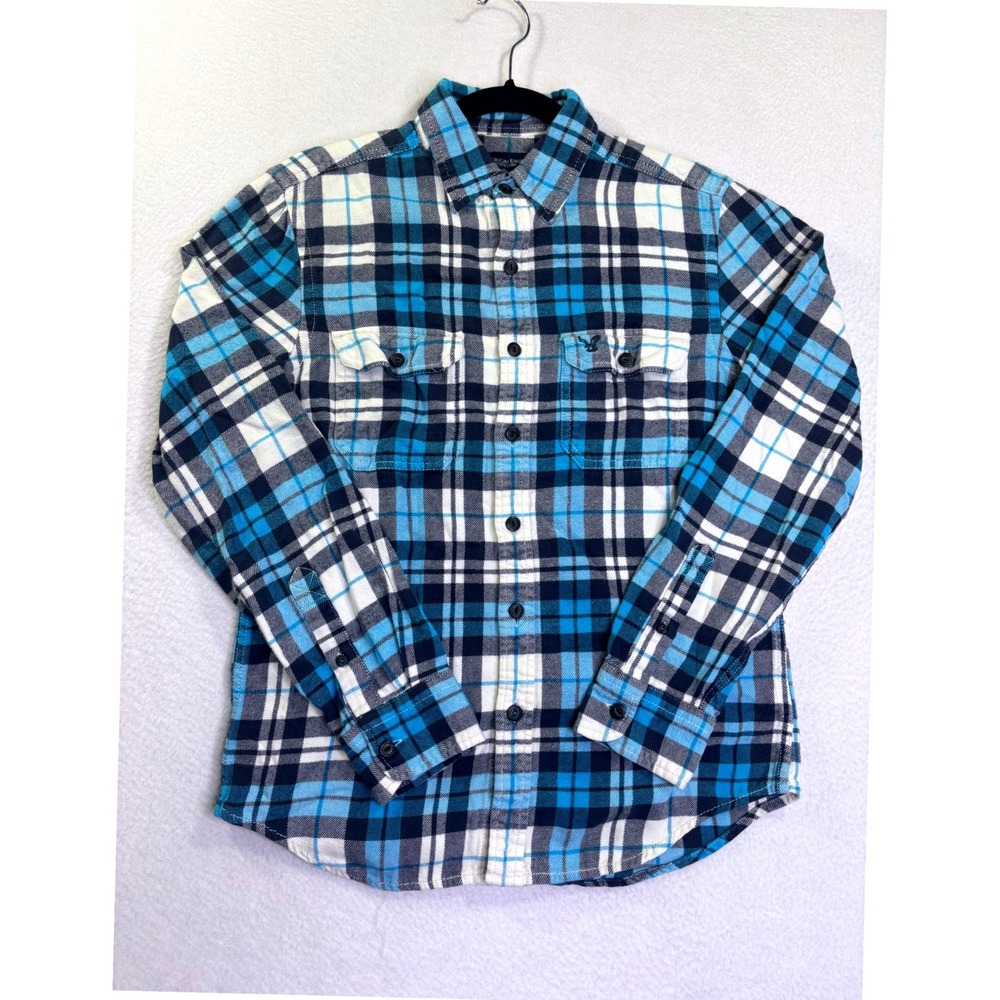 American Eagle Mens Small Athletic Fit Blue Plaid Flannel Button Down Shirt